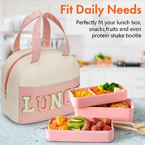 Insulated Lunch Bag for Women and Men - PU Leather Small Office Tote with Variation B-White&Pink