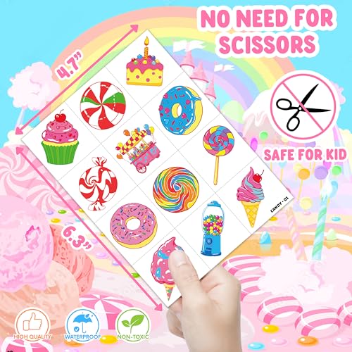 Candy Tattoos - 96 Pre-Cut Temporary Tattoos for Kids Birthday Party Favors - Candy Themed Designs