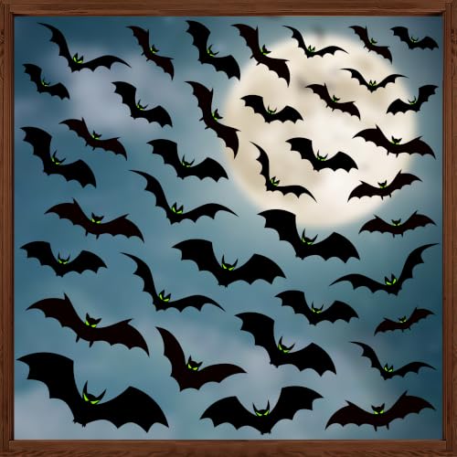Halloween Window Clings - 6 Large Scary Bat Decals with Glow Eyes