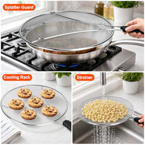 HOMEAVA 13-Inch Stainless Steel Splatter Screen - Black Handle Grease Guard