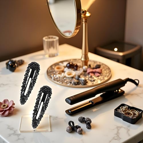 Black Crystal Snap Hair Clips, 3.15 Inch Sparkly Barrette Slides for Women