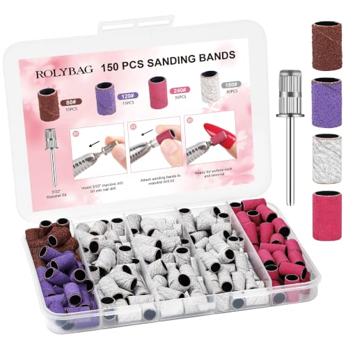 Rolybag 150 Pcs Nail Drill Bits Sanding Bands Set with Mandrel Bits