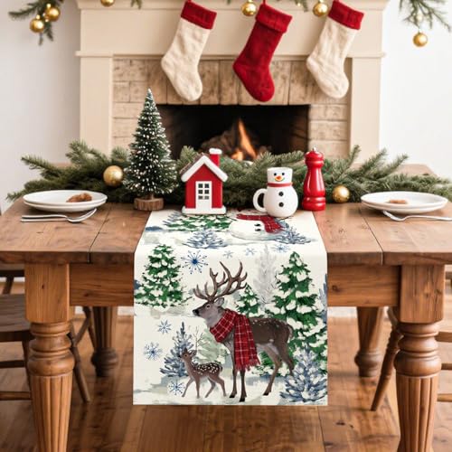 Artscope Reindeer Snowman Christmas Tree Table Runner 13x120 Inch Beige - Holiday Kitchen Decor