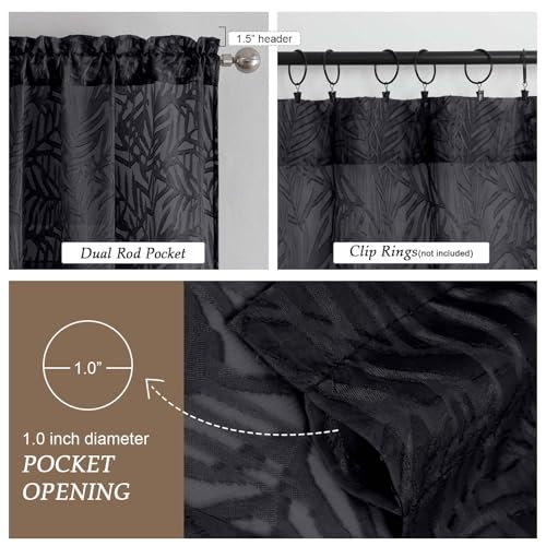 OVZME Black Leaf Jacquard Window Valances 14" Length, 2 Panels