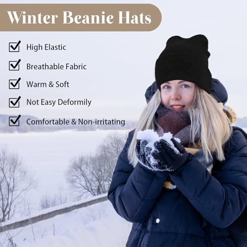 2 Pack Unisex Beanie for Men Women, Slouchy Cuffed Winter Beanie Hats, Soft Warm Knit Beanies Skull Cap Ski Hats- Black, Gray