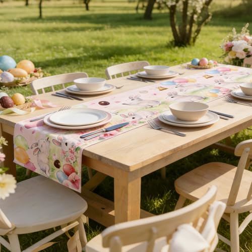 Easter Table Runner 13x72 Inch Pastel Bunny Spring Tablecloth Decor