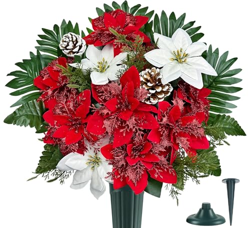 Artificial Christmas Cemetery Flowers Poinsettia & Pinecone Grave Decoration