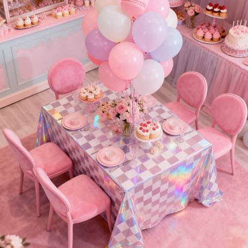 3 Pack Pink Iridescent Checkered Tablecloths - 54 x 108 Inch