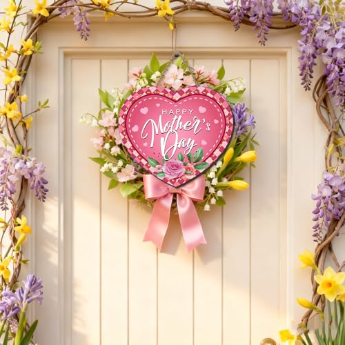 Funny Mother's Day Wooden Wreath for Front Door - Pink Floral Butterfly Decor