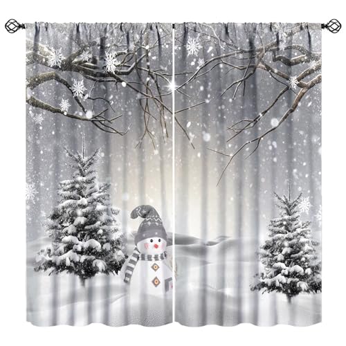 Winter Snowman Christmas Curtains Set - 21"W x 63"L, Pack of 2, Snowflake Tree Scene