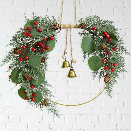 Christmas Wreath for Front Door Artificial Half Circle Wreath with Bell Pine Cones Red Berries Eucalyptus - Red