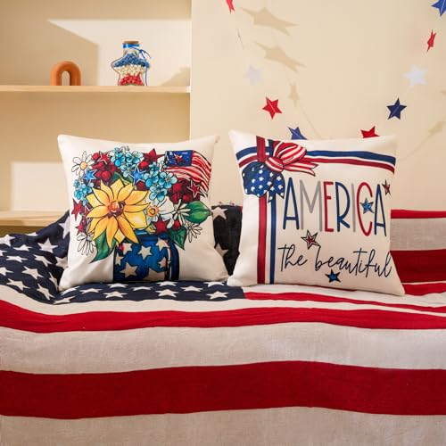 Hongsome 4th of July Patriotic Throw Pillow Covers 18x18in Set of 4, USA Flag Linen Decorations