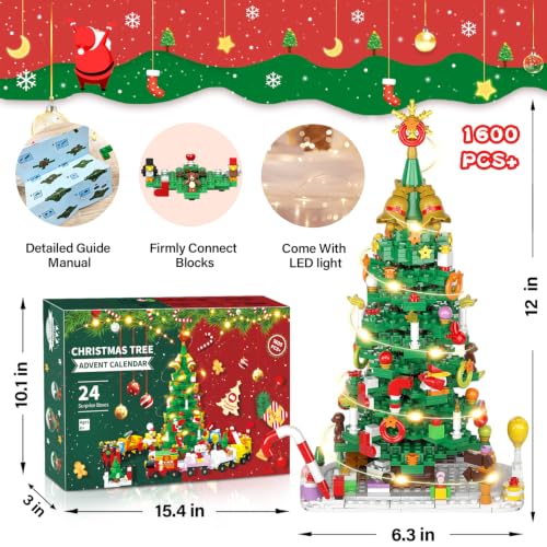 Christmas Tree Building Blocks Advent Calendar 2026 with Over 1600 Pieces - Kids & Adults
