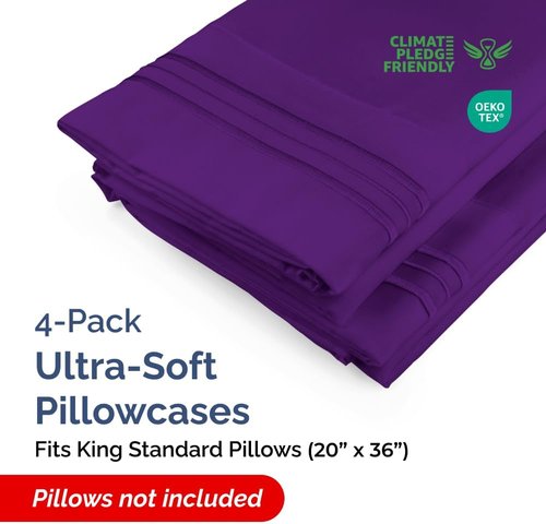 King Standard Pillow Cases - Soft Hotel Quality Pillowcase Covers | 4-Piece Set in Purple - Machine Washable