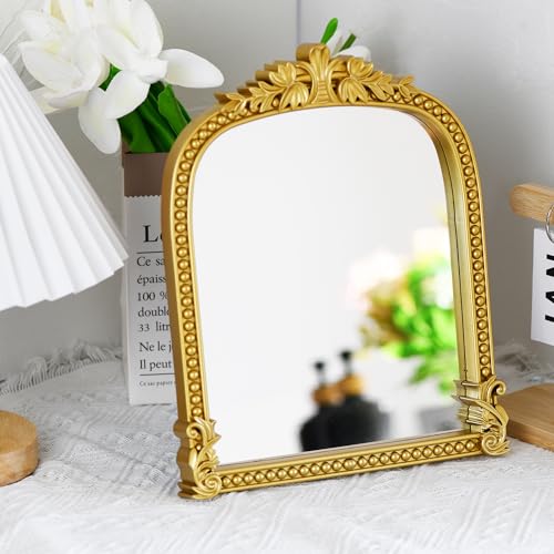 Vintage Gold Arched Makeup Mirror - 10.6-inch Freestanding Vanity Mirror
