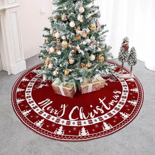 Reindeer Christmas Tree Skirt 60 Inch Knit Red & White Dual-Side Decorative Cover