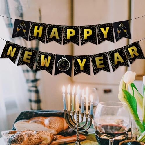 Black and Gold Happy New Year Banner 15pcs Party Decorations
