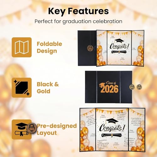 Elegant Graduation Guest Book 2026 - Black & Gold Party Decor