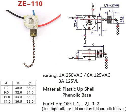 Ceiling Light Switch ZE-110 3 Way 3-Wire Fan Light Switch Replacement Pull Chain Switch Compatible with Hunter Ceiling Fan (Bronze)