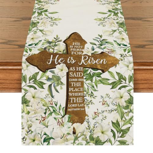Easter Table Runner - He Is Risen Watercolor Religious Decor 13x72 in