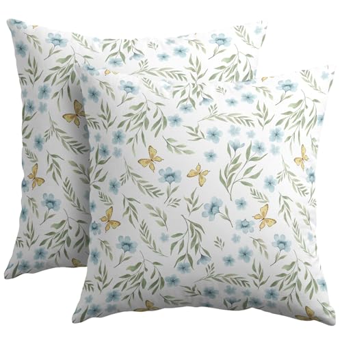 Roverantic Blue Green Yellow Floral Pillow Covers 18x18 Set of 2 Spring Home Decor