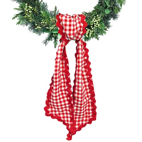 Red White Buffalo Plaid Wreath Sash - 54 Inch Cotton Ribbon Tie