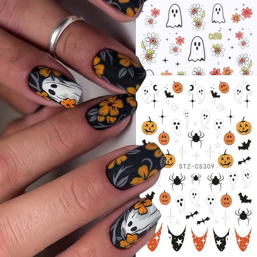 6 Sheets Ghost Nail Stickers 3D Self-Adhesive Spooky Floral Fall Decals
