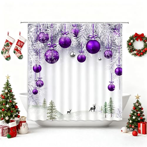 Purple Christmas Shower Curtain with Xmas Ball Pine Tree Winter Forest Decor 70x70 Inches