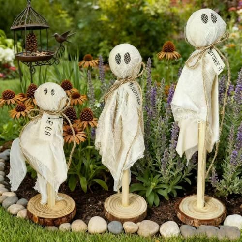 Rustic Wooden Ghost Halloween Decorations 3-Piece Farmhouse Tabletop Sitters