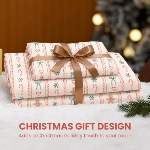Christmas Duvet Cover Set Queen with Gingerbread Bows and Candy Cane Pattern - No Comforter