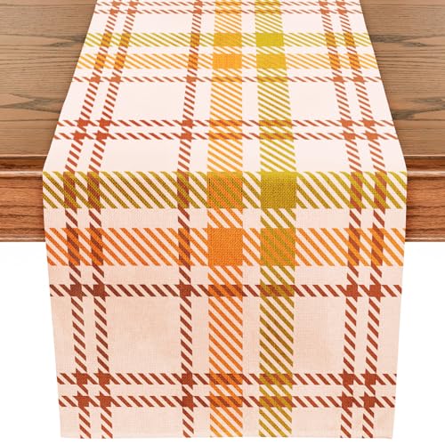 WRAPAHOLIC Fall Orange Plaid Table Runner 13 x 72 Inch Autumn Farmhouse Linen Dining Decor