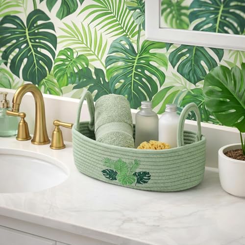 Vesici Grass Green Monstera Toilet Paper Basket - Boho Cotton Organizer