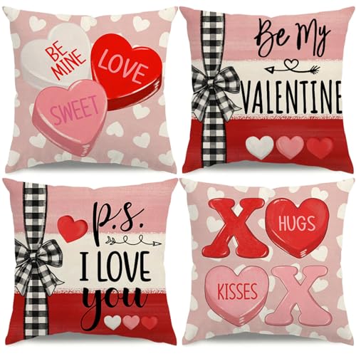 Valentine's Day Throw Pillow Covers 18x18 - Set of 4 Heart Candy Designs