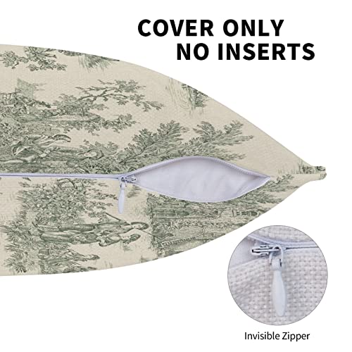 CALHogar 18x18 French Toile Pillow Cover - Vintage Jouy Green Burlap