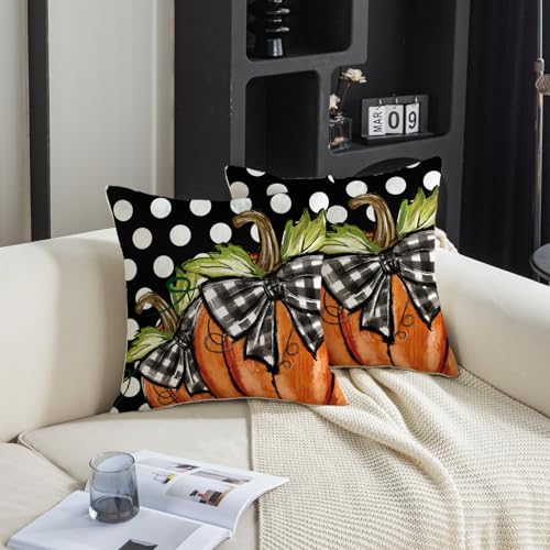 TAJWE 18x18 Polka Dot Pumpkin Pillow Covers - Black & Yellow, Set of 2