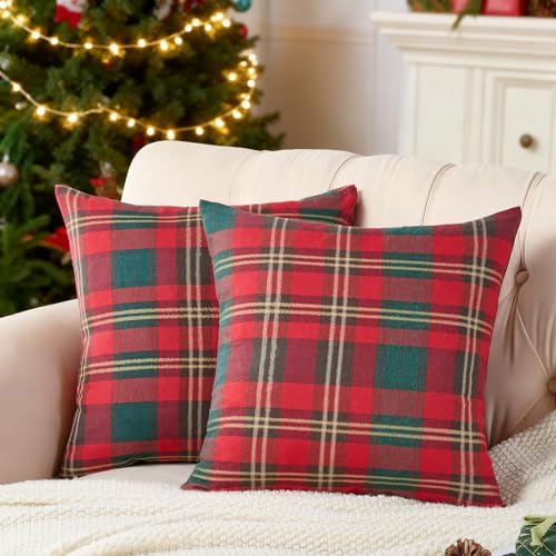 INFISIBLE Red Christmas Tartan Plaid Throw Pillow Covers 18x18 Set of 2 - Festive Holiday Decor