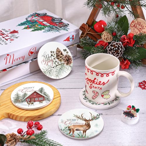 Christmas Ceramic Coasters Set with Holder - Watercolor Farmhouse Holiday Drink Mats