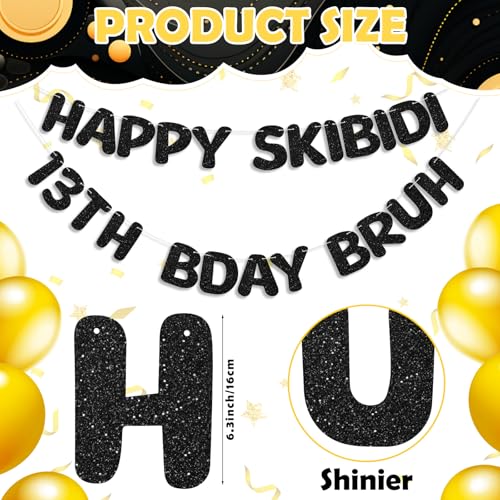 Happy Skibidi 13th Birthday Banner | Pre-Strung Black Glitter Sign