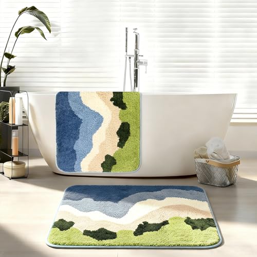 LICOZYVE Blue Beach Microfiber Bath Mat, 1'4" x 1'11" Absorbent Non-Slip Rug