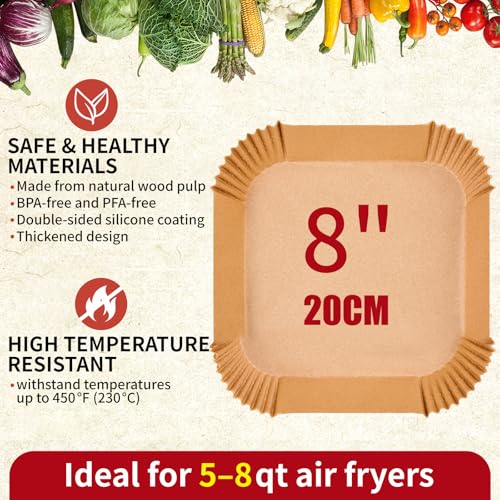 Wellsworth 8-Inch Square Air Fryer Parchment Paper Liners, 125 Pack