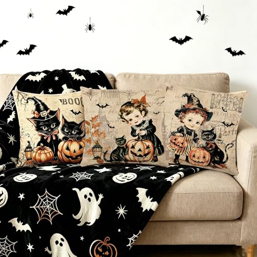 Vintage Halloween Throw Pillow Covers 18x18, Set of 4 Black Cat & Pumpkin