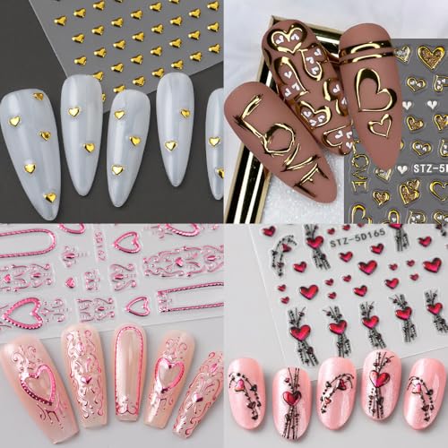 5D Embossed Heart Nail Stickers Gold Pink Valentine Decals 4 Sheets