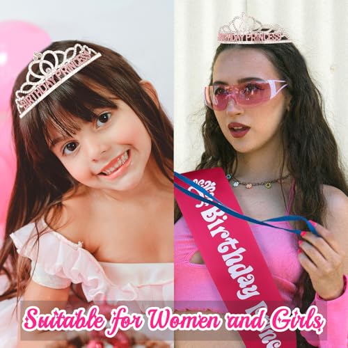 CURASA Birthday Princess Crown and Hot Pink Sash Set for Women