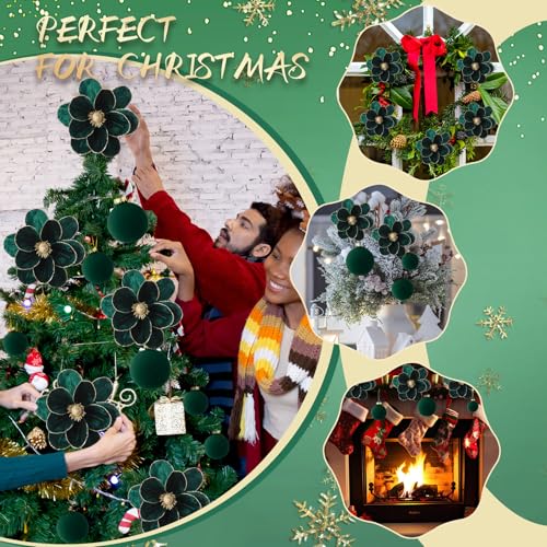 Green Velvet Christmas Tree Decorations Set with Poinsettias & Ornaments