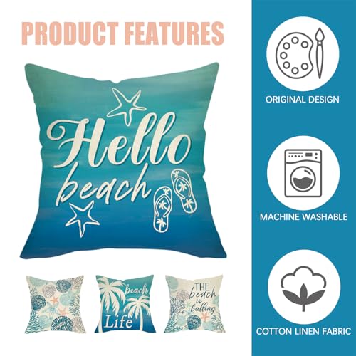 Coastal Beach Throw Pillow Covers 18x18 Set of 4, Nautical Linen Cushion Cases