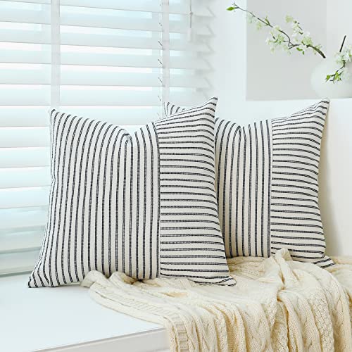 Farmhouse Striped Throw Pillow Covers 18x18 Inch, Set of 2 - Black