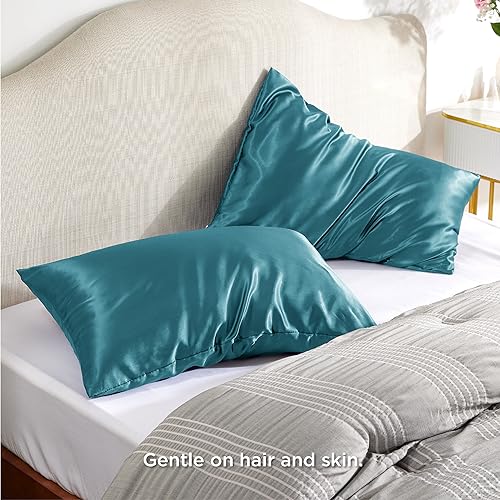 Bedsure Satin Pillowcase Set of 2 with Zipper - Queen Size 20x30 Inches, Silky Soft for Hair & Skin, Teal
