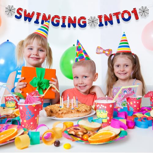 Spider Birthday Banner for 1st Birthday Party - Swinging into 1, Red & Blue