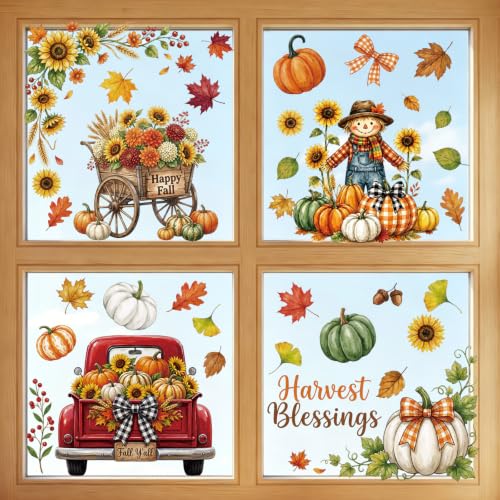 Autumn Window Clings Decor - 9 Sheets Pumpkin & Leaf Stickers