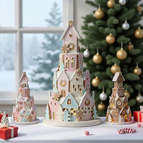 Pink Gingerbread House Christmas Decor with LED Lights - Indoor Village